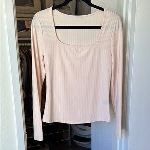 Ribbed Fitted Long Sleeve Pink Blouse